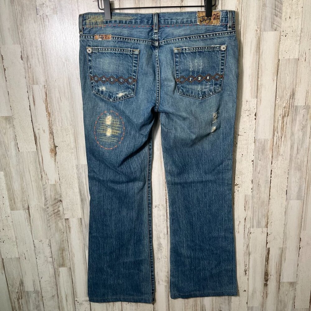 Vintage Y2k July 25 Patchwork Boho Embroidered Distressed Flare Jeans Womens 31 - Picture 5 of 7